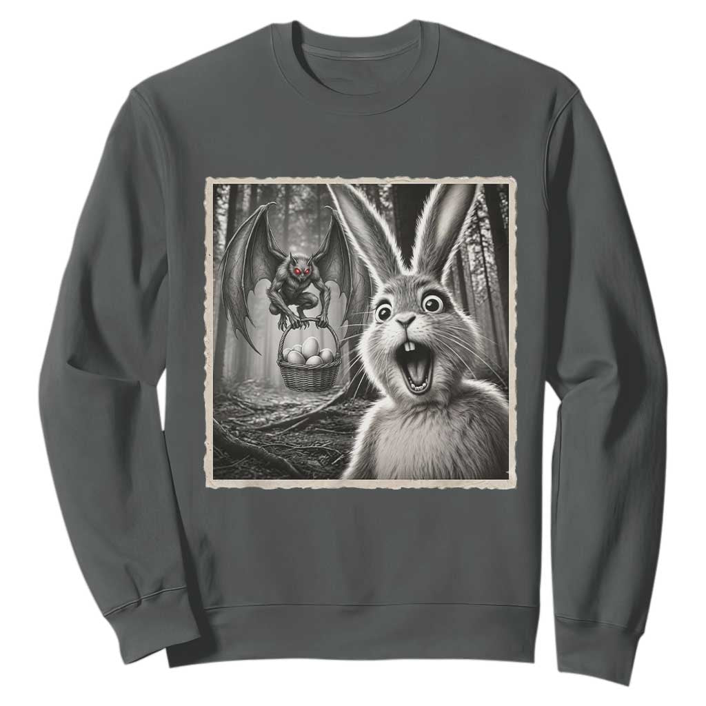 Funny Easter Bunny Selfie Mothman Egg Hunt Sweatshirt TS12 Dark Heather Print Your Wear