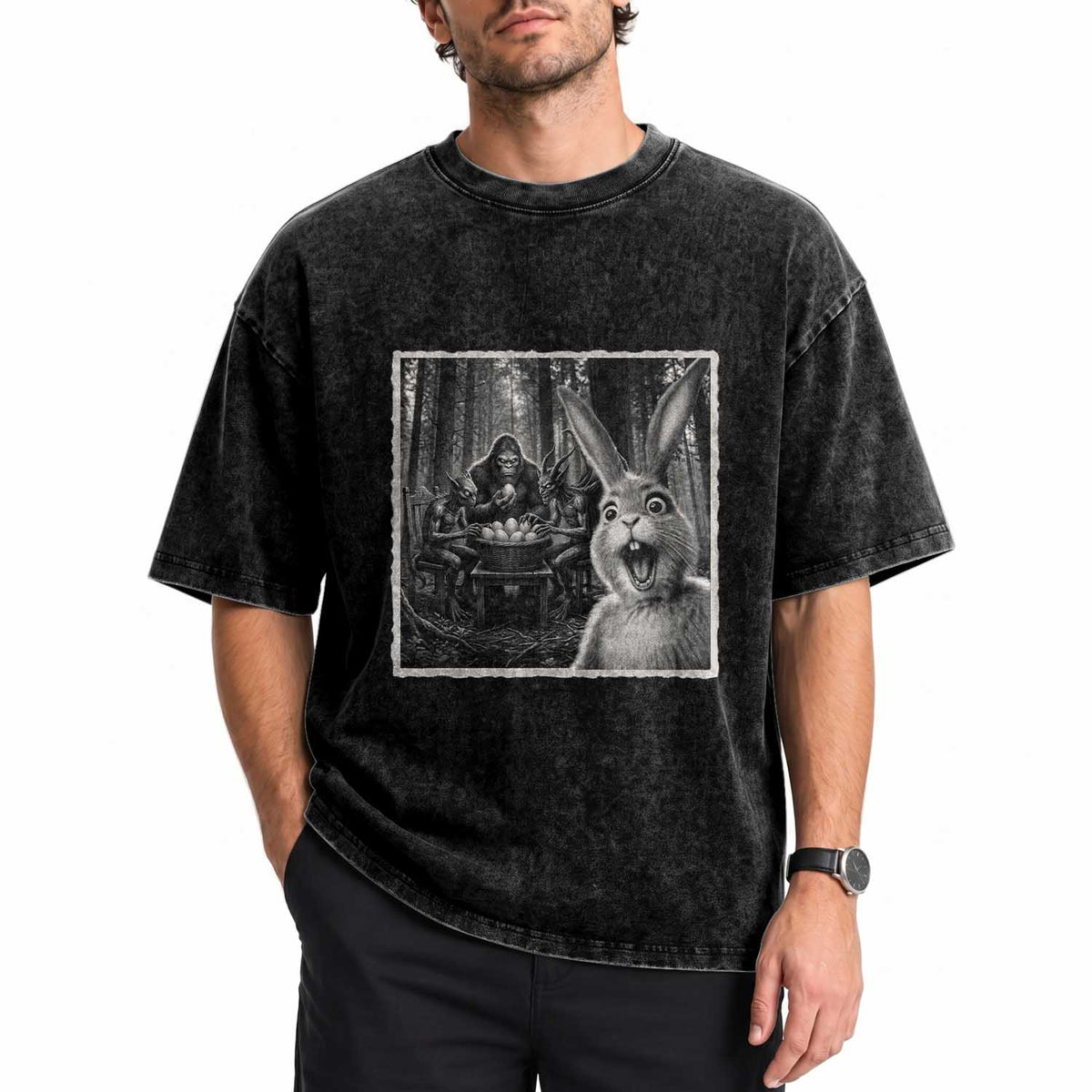 Funny Easter Bunny Selfie Washed Cotton T-Shirt Bigfoot Jersey Devil Chupacabra Egg Hunt