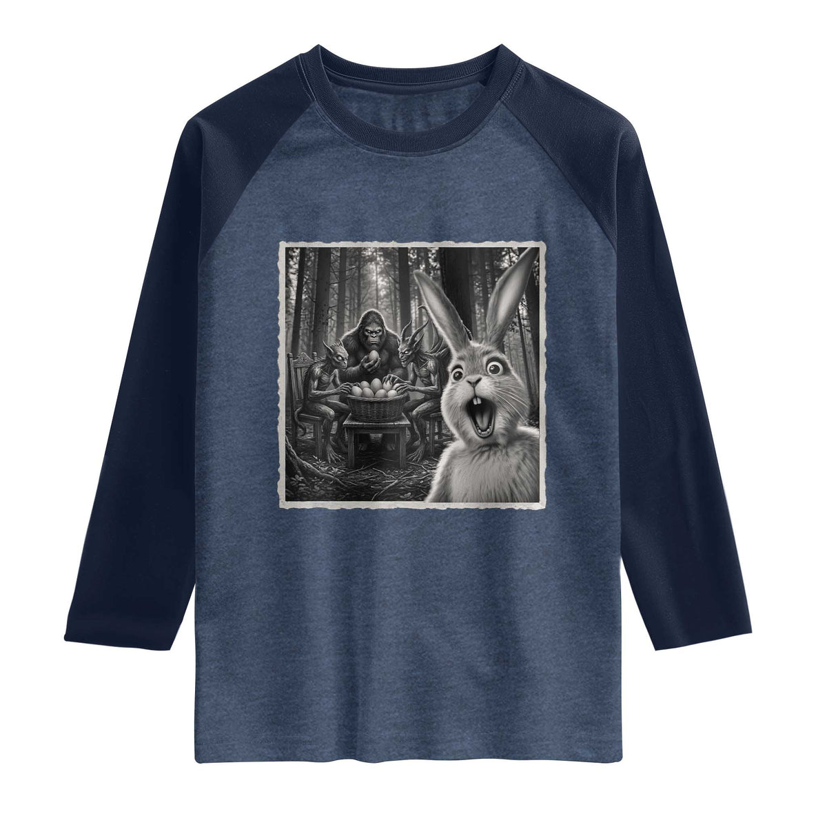 Funny Easter Bunny Selfie Raglan Shirt Bigfoot Jersey Devil Chupacabra Egg Hunt TS12 Heather Denim Navy Print Your Wear