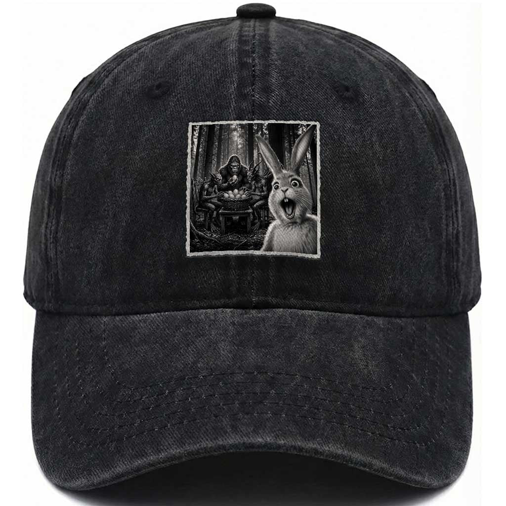 Funny Easter Bunny Selfie Washed Cotton Baseball Cap Bigfoot Jersey Devil Chupacabra Egg Hunt TS12 Washed Cap Universal Fit Black Print Your Wear