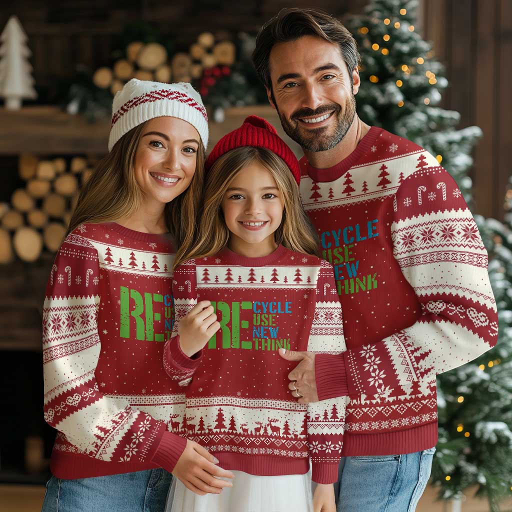 Recycle Reuse Renew Rethink Ugly Christmas Sweater Earth Day TS12 Red Beige Print Your Wear