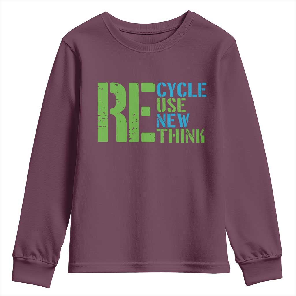 Recycle Reuse Renew Rethink Youth Sweatshirt Earth Day TS12 Maroon Print Your Wear
