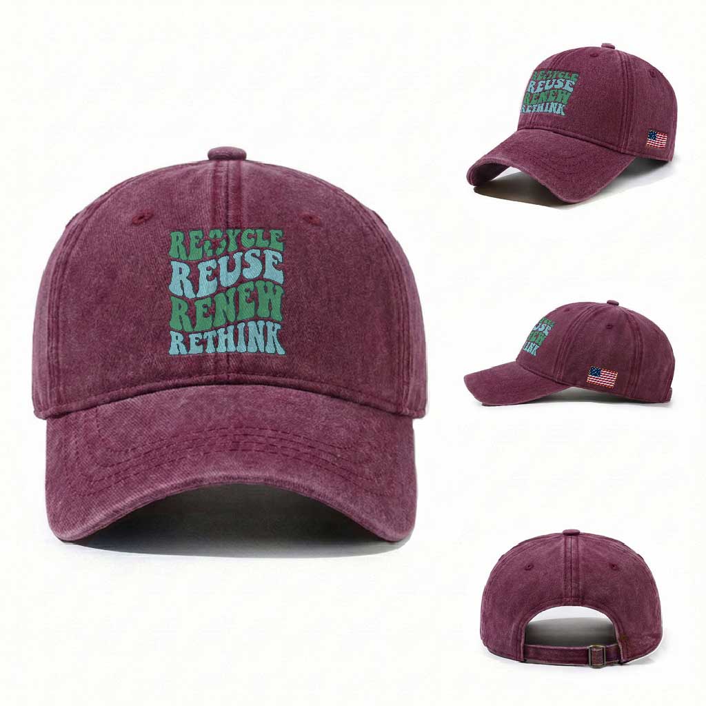 Recycle Reuse Renew Rethink Washed Cotton Baseball Cap Eco Friendly Earth Day TS12 Washed Cap Universal Fit Burgundy Print Your Wear