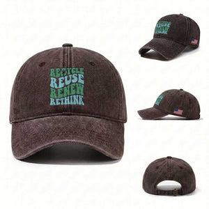 Recycle Reuse Renew Rethink Washed Cotton Baseball Cap Eco Friendly Earth Day TS12 Washed Cap Universal Fit Dark Brown Print Your Wear