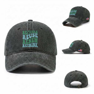 Recycle Reuse Renew Rethink Washed Cotton Baseball Cap Eco Friendly Earth Day TS12 Washed Cap Universal Fit Dark Green Print Your Wear