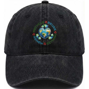 Recycle Reuse Renew Rethink Washed Cotton Baseball Cap Zero Waste Life TS12 Washed Cap Universal Fit Black Print Your Wear