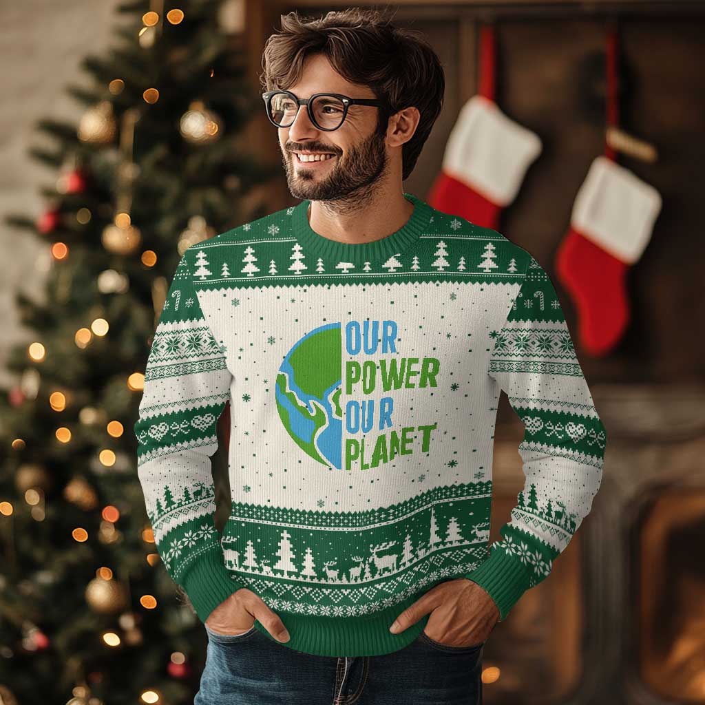Our Power Our Planet Ugly Christmas Sweater Earth Day Words Environmentalist Gift TS12 Beige Green Print Your Wear