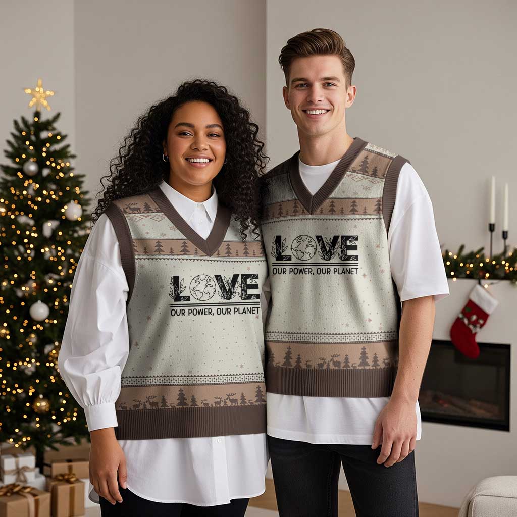 Earth Day 2026 V-Neck Knit Sweater Vest Our Power Our Planet TS12 Mocha Mousse Print Your Wear