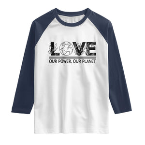Earth Day 2026 Raglan Shirt Our Power Our Planet TS12 White Navy Print Your Wear