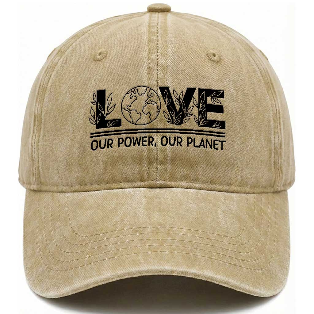 Earth Day 2026 Washed Cotton Baseball Cap Our Power Our Planet TS12 Washed Cap Universal Fit Khaki Print Your Wear