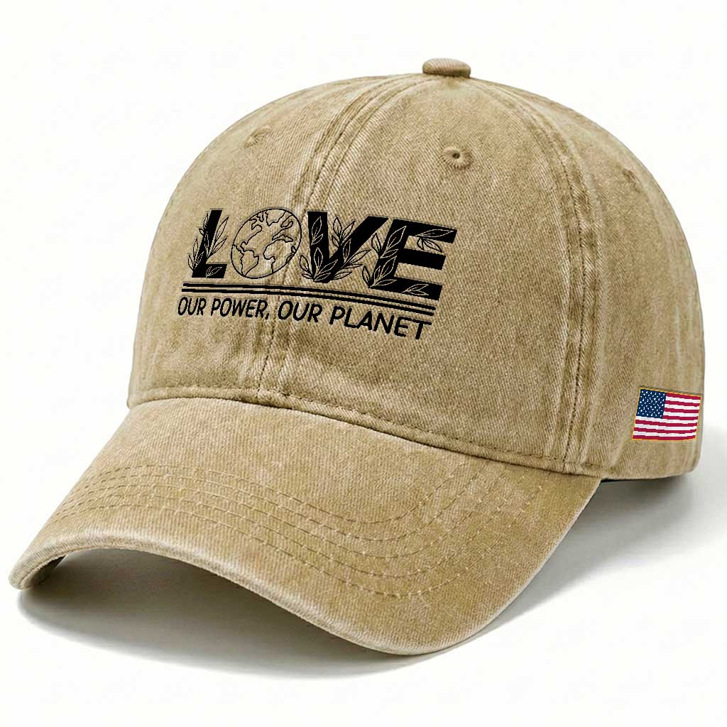 Earth Day 2026 Washed Cotton Baseball Cap Our Power Our Planet TS12 Print Your Wear