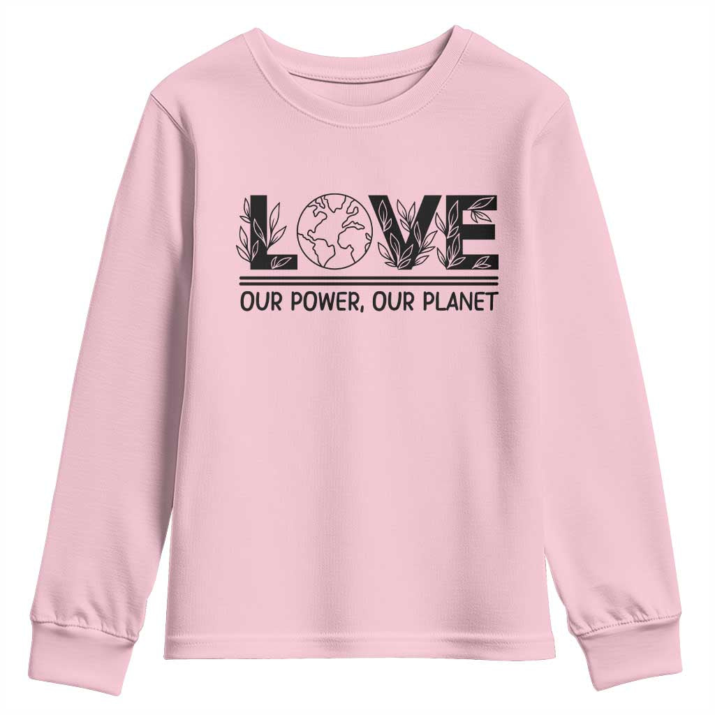 Earth Day 2026 Youth Sweatshirt Our Power Our Planet TS12 Light Pink Print Your Wear