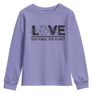 Earth Day 2026 Youth Sweatshirt Our Power Our Planet TS12 Violet Print Your Wear