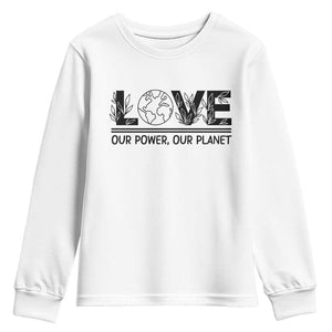 Earth Day 2026 Youth Sweatshirt Our Power Our Planet TS12 White Print Your Wear