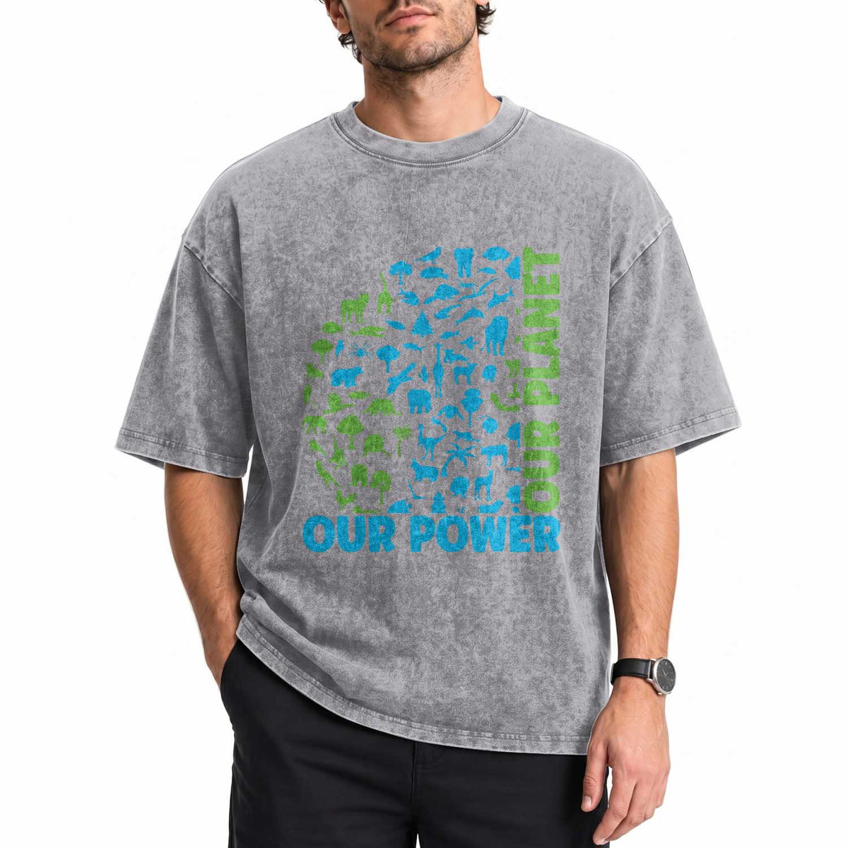 Earth Day Environmental Activism Washed Cotton T-Shirt Our Power Our Planet