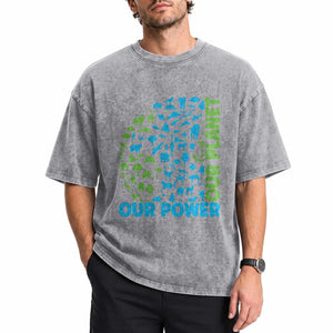 Earth Day Environmental Activism Washed Cotton T-Shirt Our Power Our Planet