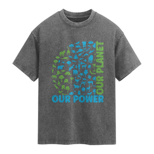 Earth Day Environmental Activism Washed Cotton T-Shirt Our Power Our Planet