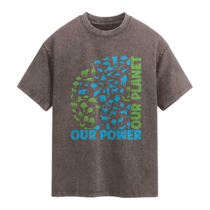 Earth Day Environmental Activism Washed Cotton T-Shirt Our Power Our Planet