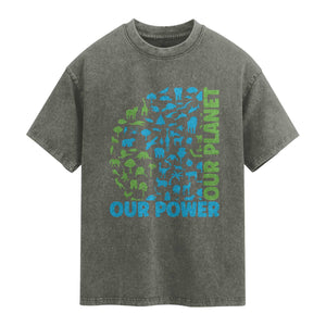 Earth Day Environmental Activism Washed Cotton T-Shirt Our Power Our Planet