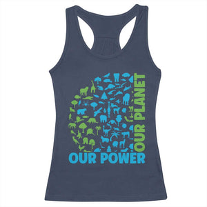 Earth Day Environmental Activism Racerback Tank Top Our Power Our Planet TS12 Navy Print Your Wear