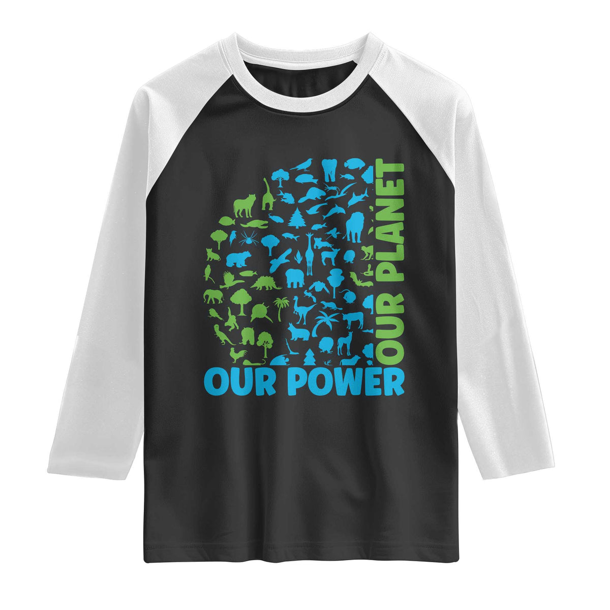 Earth Day Environmental Activism Raglan Shirt Our Power Our Planet TS12 Black White Print Your Wear