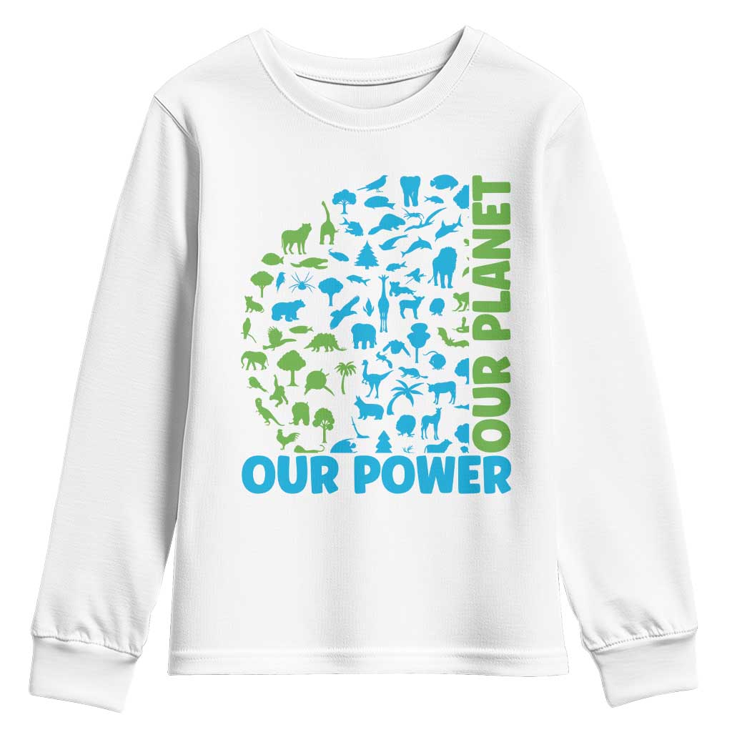 Earth Day Environmental Activism Youth Sweatshirt Our Power Our Planet TS12 White Print Your Wear