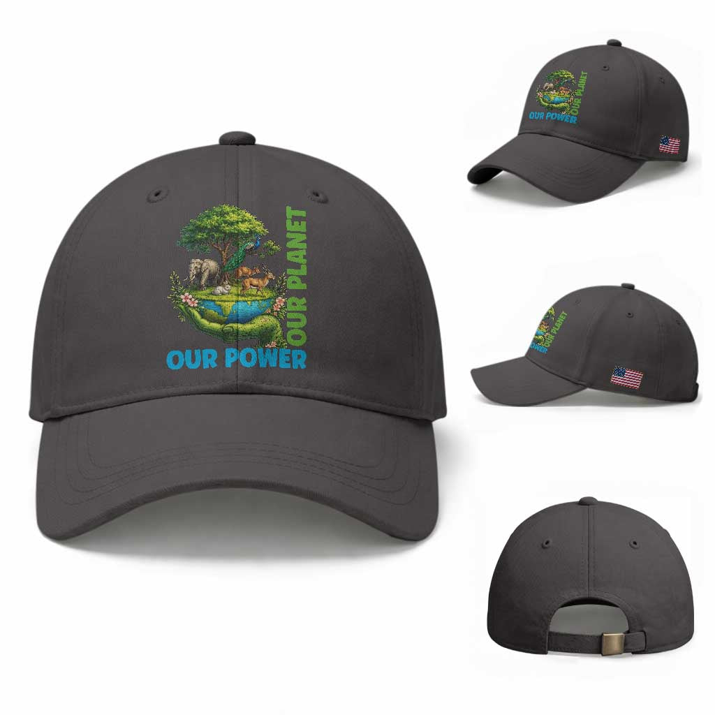 Our Power Our Planet Baseball Cap Earth Day Nature Lover Gift TS12 Baseball Cap Universal Fit Dark Gray Print Your Wear