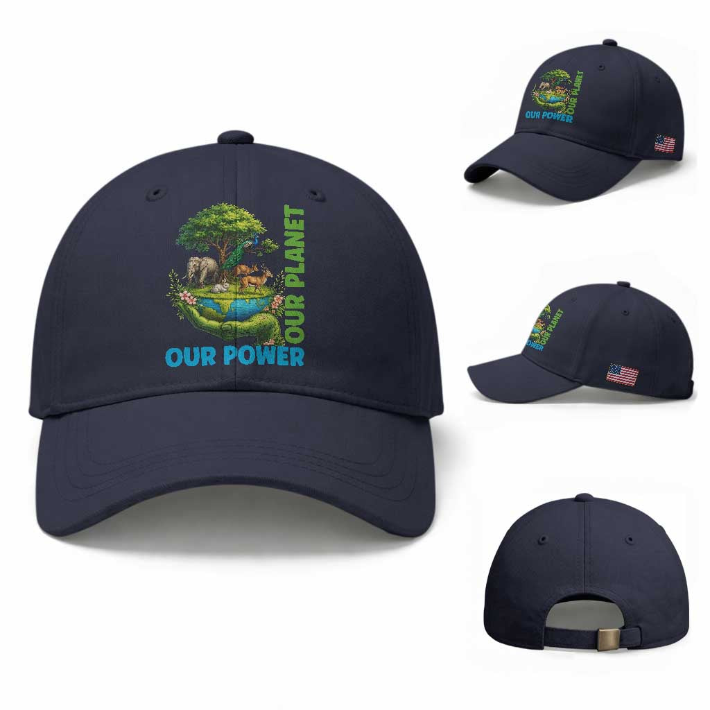 Our Power Our Planet Baseball Cap Earth Day Nature Lover Gift TS12 Baseball Cap Universal Fit Navy Print Your Wear