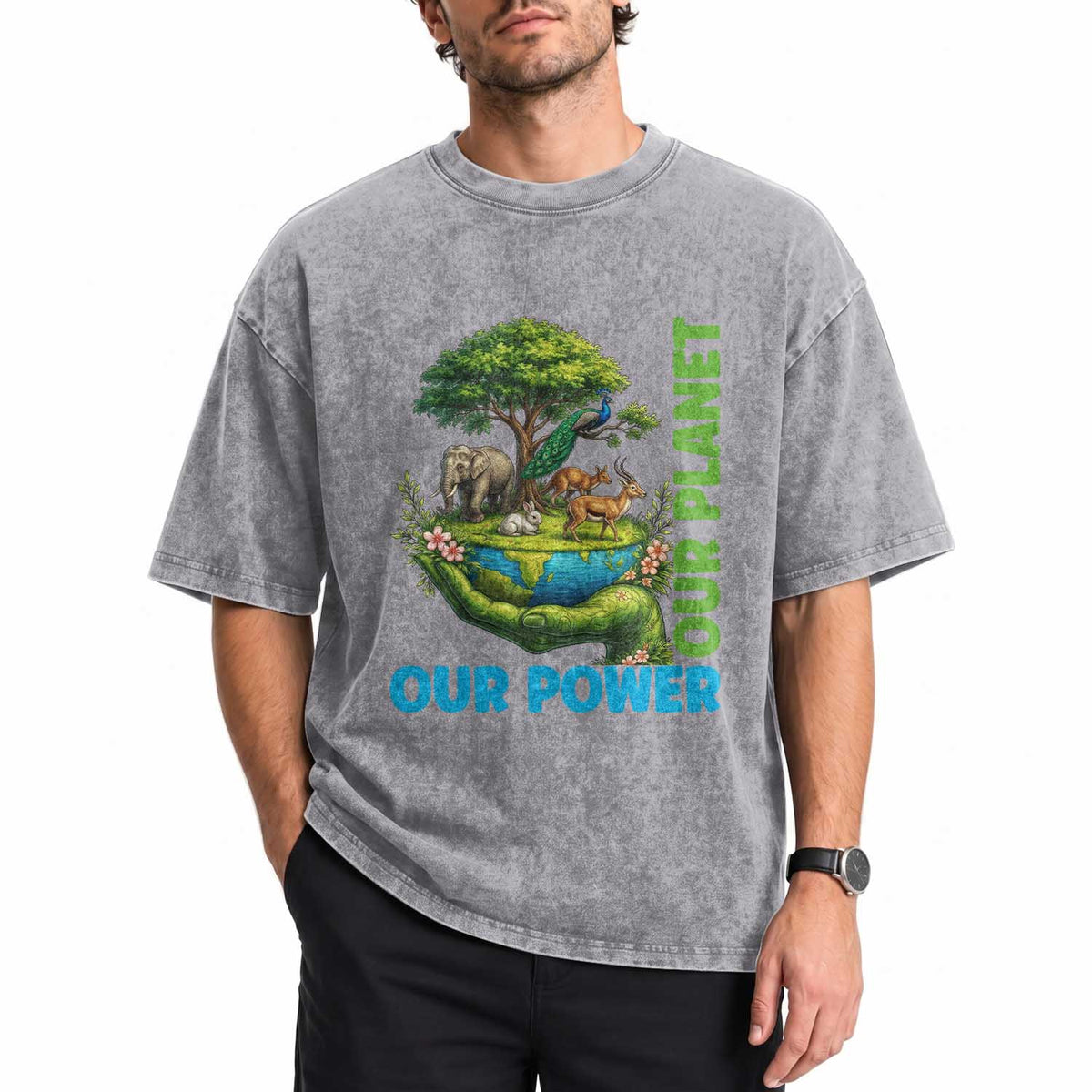 Our Power Our Planet Washed Cotton T-Shirt Earth Day Nature Lover Gift