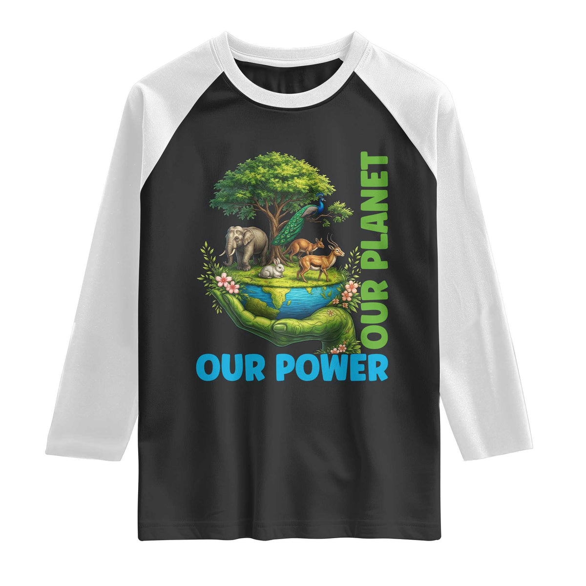 Our Power Our Planet Raglan Shirt Earth Day Nature Lover Gift TS12 Black White Print Your Wear