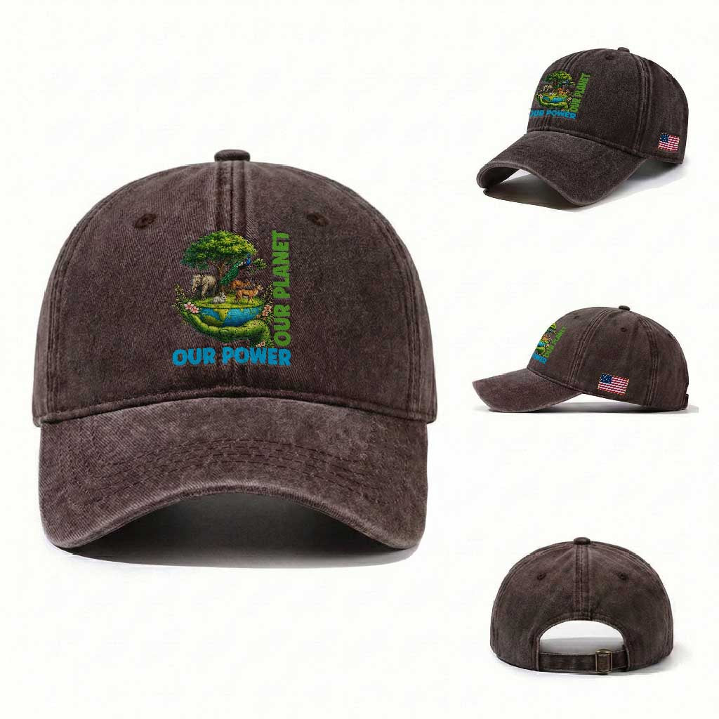 Our Power Our Planet Washed Cotton Baseball Cap Earth Day Nature Lover Gift TS12 Washed Cap Universal Fit Dark Brown Print Your Wear