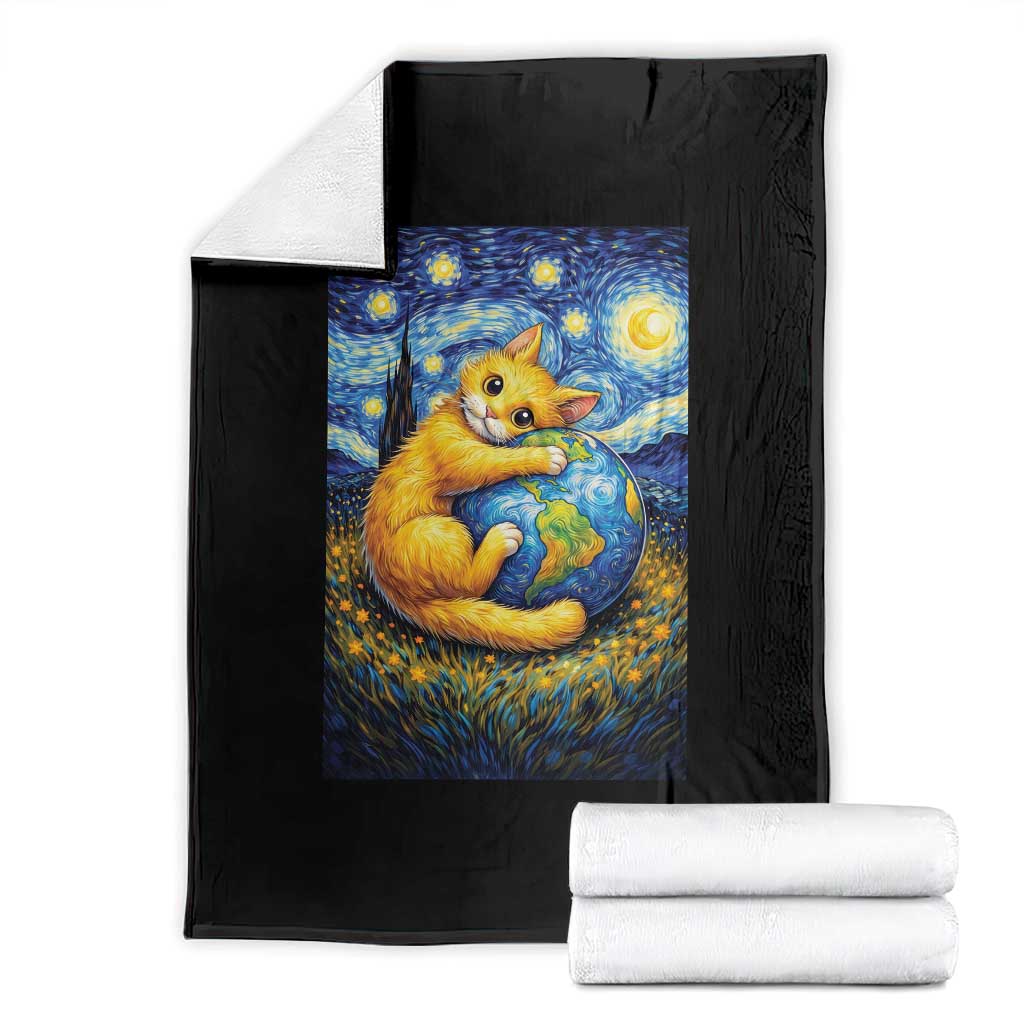 Earth Day Throw Blanket Starry Night Cat Hugging Earth TS12 Black Print Your Wear