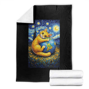 Earth Day Throw Blanket Starry Night Cat Hugging Earth TS12 Black Print Your Wear
