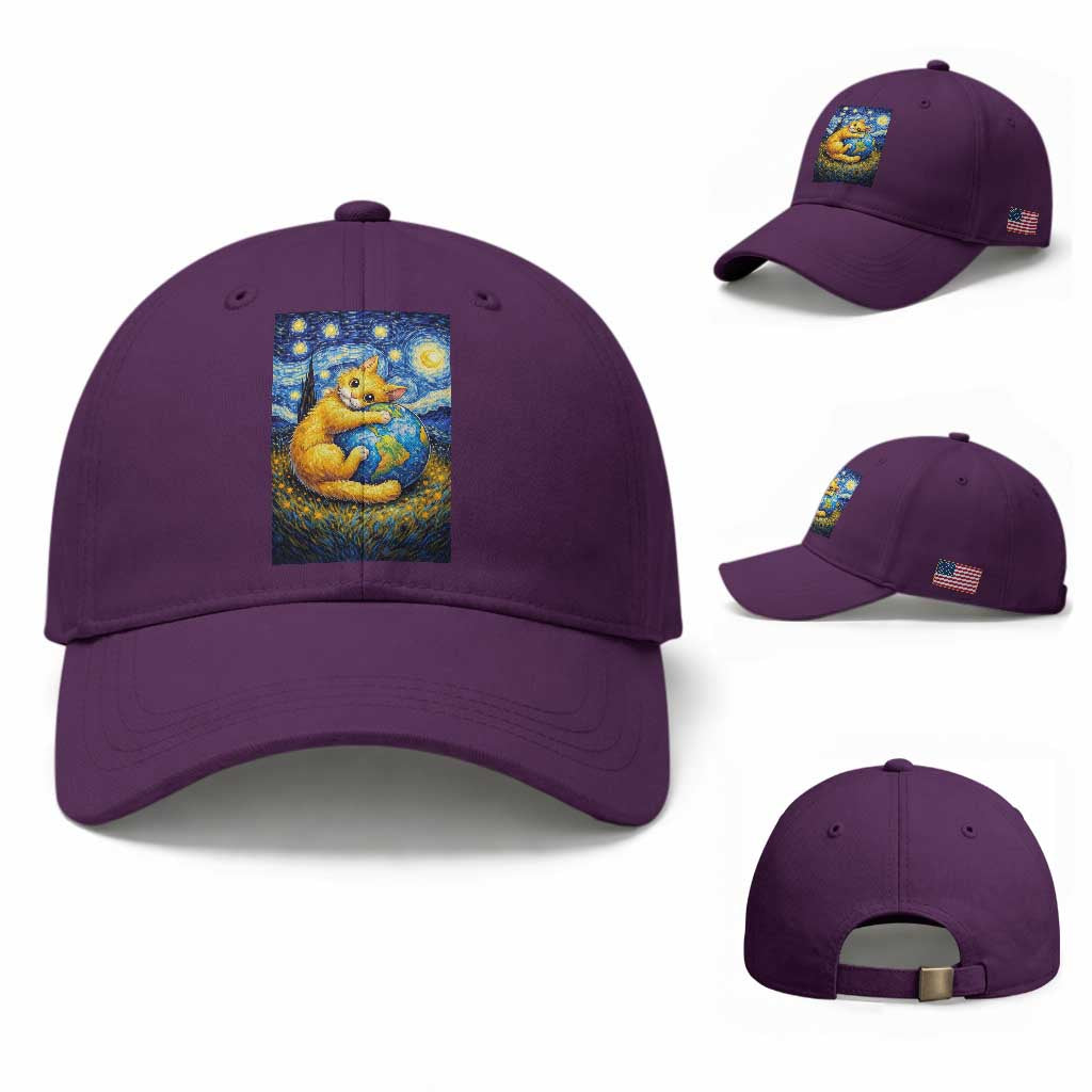 Earth Day Baseball Cap Starry Night Cat Hugging Earth TS12 Baseball Cap Universal Fit Purple Print Your Wear