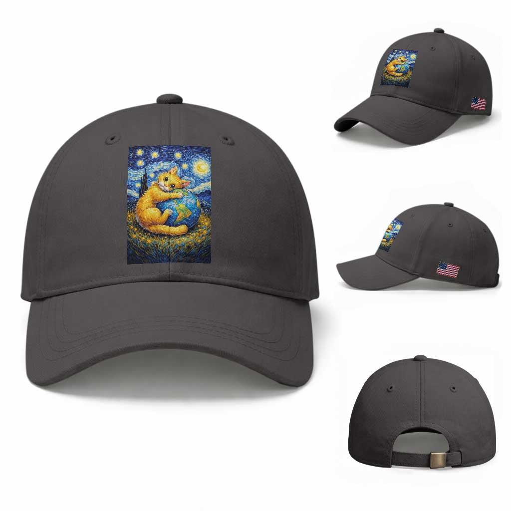 Earth Day Baseball Cap Starry Night Cat Hugging Earth TS12 Baseball Cap Universal Fit Dark Gray Print Your Wear