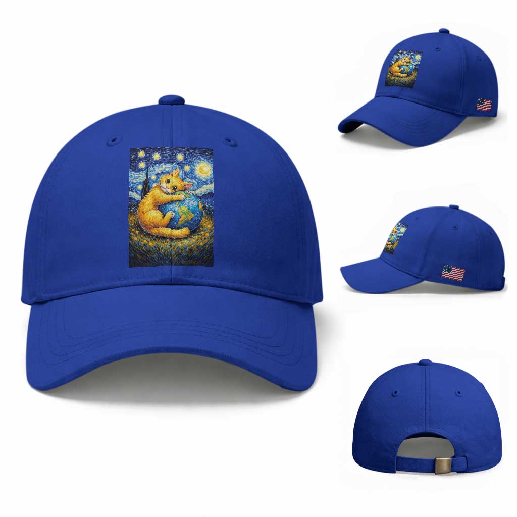 Earth Day Baseball Cap Starry Night Cat Hugging Earth TS12 Baseball Cap Universal Fit Royal Blue Print Your Wear