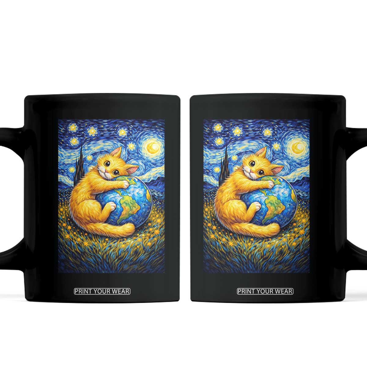 Earth Day Coffee Mug Starry Night Cat Hugging Earth TS12 Black Print Your Wear
