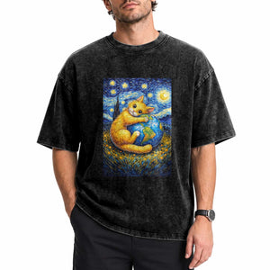 Earth Day Washed Cotton T-Shirt Starry Night Cat Hugging Earth