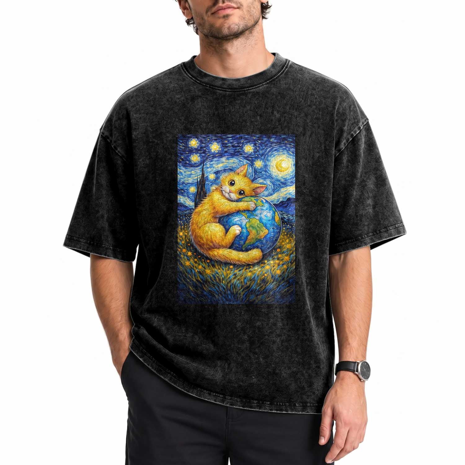 Earth Day Washed Cotton T-Shirt Starry Night Cat Hugging Earth