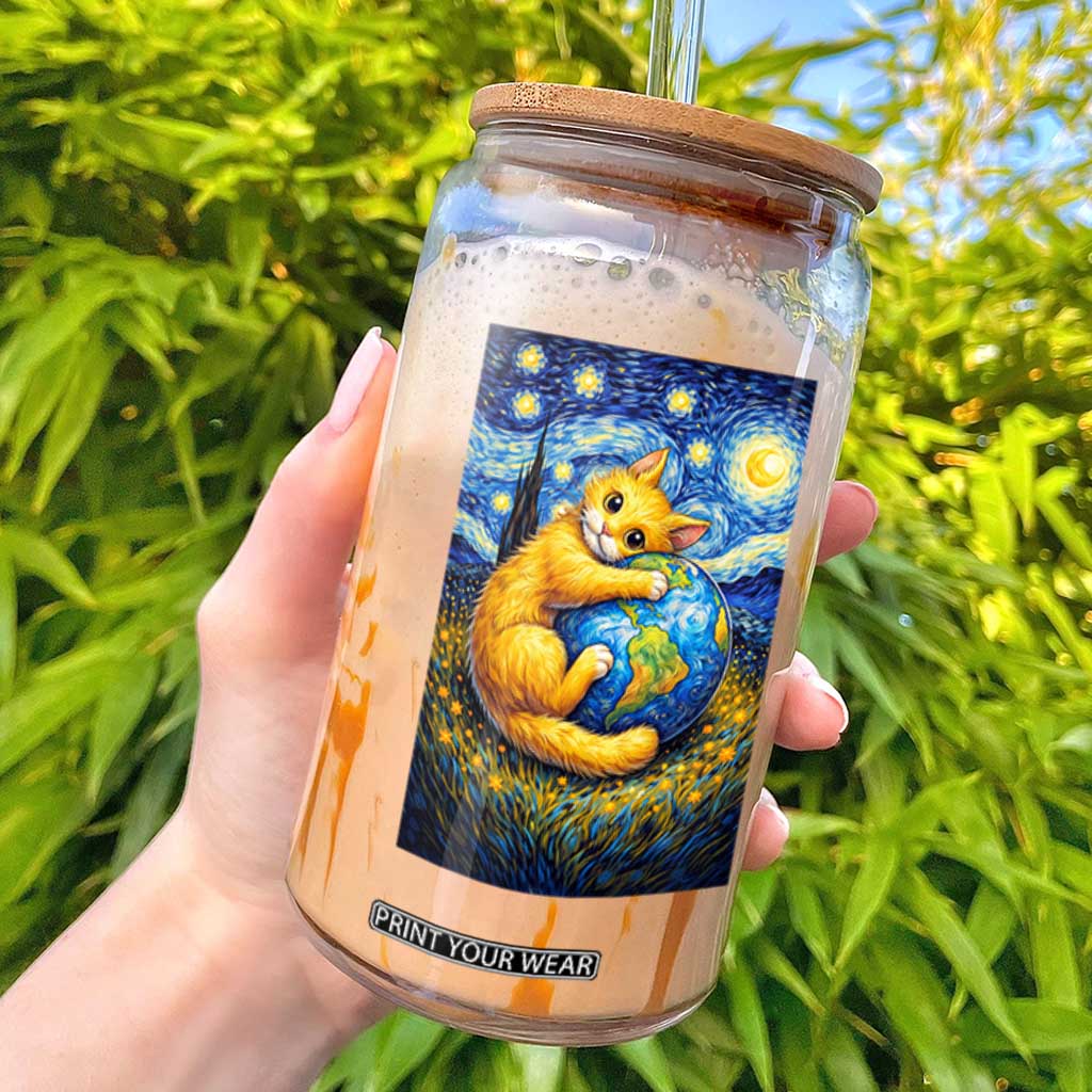 Earth Day Glass Can Starry Night Cat Hugging Earth TS12 Black Print Your Wear
