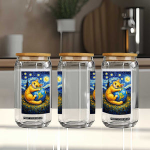 Earth Day Glass Can Starry Night Cat Hugging Earth TS12 Print Your Wear