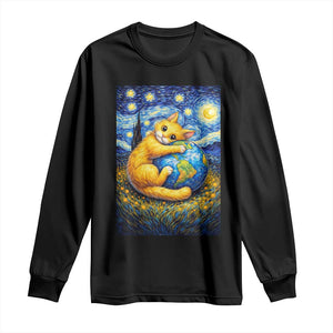Earth Day Long Sleeve Shirt Starry Night Cat Hugging Earth TS12 Black Print Your Wear