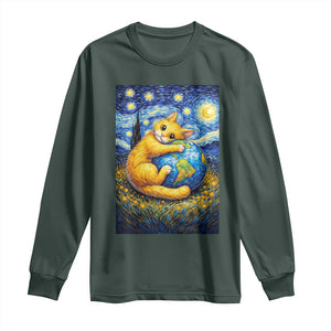 Earth Day Long Sleeve Shirt Starry Night Cat Hugging Earth TS12 Dark Forest Green Print Your Wear