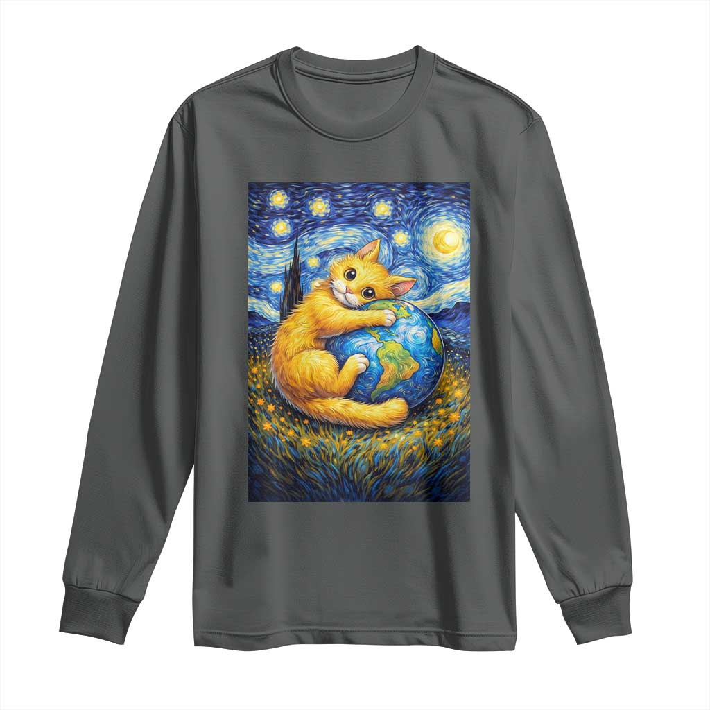 Earth Day Long Sleeve Shirt Starry Night Cat Hugging Earth TS12 Dark Heather Print Your Wear