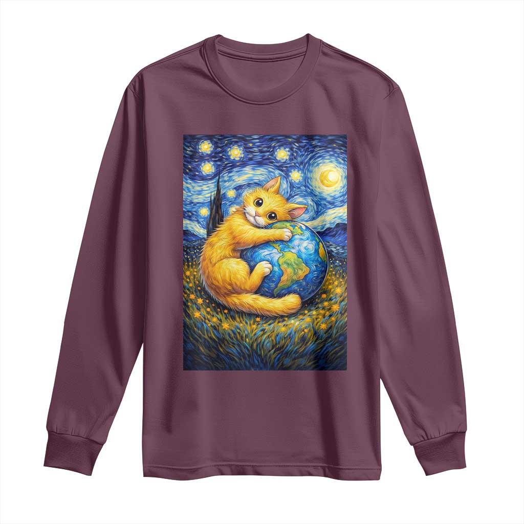 Earth Day Long Sleeve Shirt Starry Night Cat Hugging Earth TS12 Maroon Print Your Wear