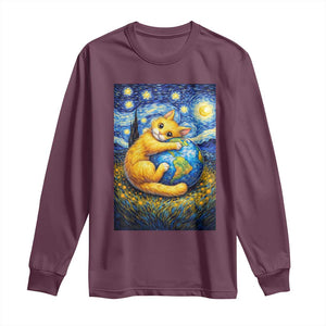Earth Day Long Sleeve Shirt Starry Night Cat Hugging Earth TS12 Maroon Print Your Wear