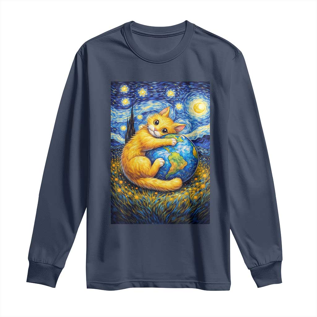 Earth Day Long Sleeve Shirt Starry Night Cat Hugging Earth TS12 Navy Print Your Wear