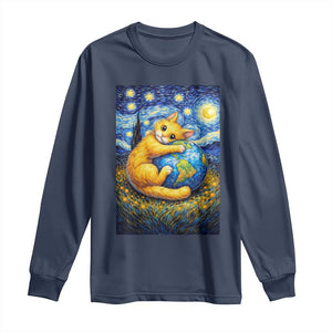 Earth Day Long Sleeve Shirt Starry Night Cat Hugging Earth TS12 Navy Print Your Wear