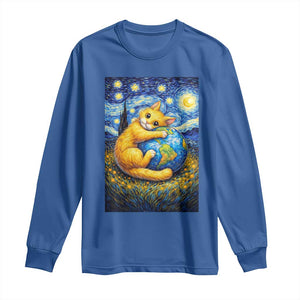 Earth Day Long Sleeve Shirt Starry Night Cat Hugging Earth TS12 Royal Blue Print Your Wear