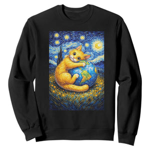 Earth Day Sweatshirt Starry Night Cat Hugging Earth TS12 Black Print Your Wear